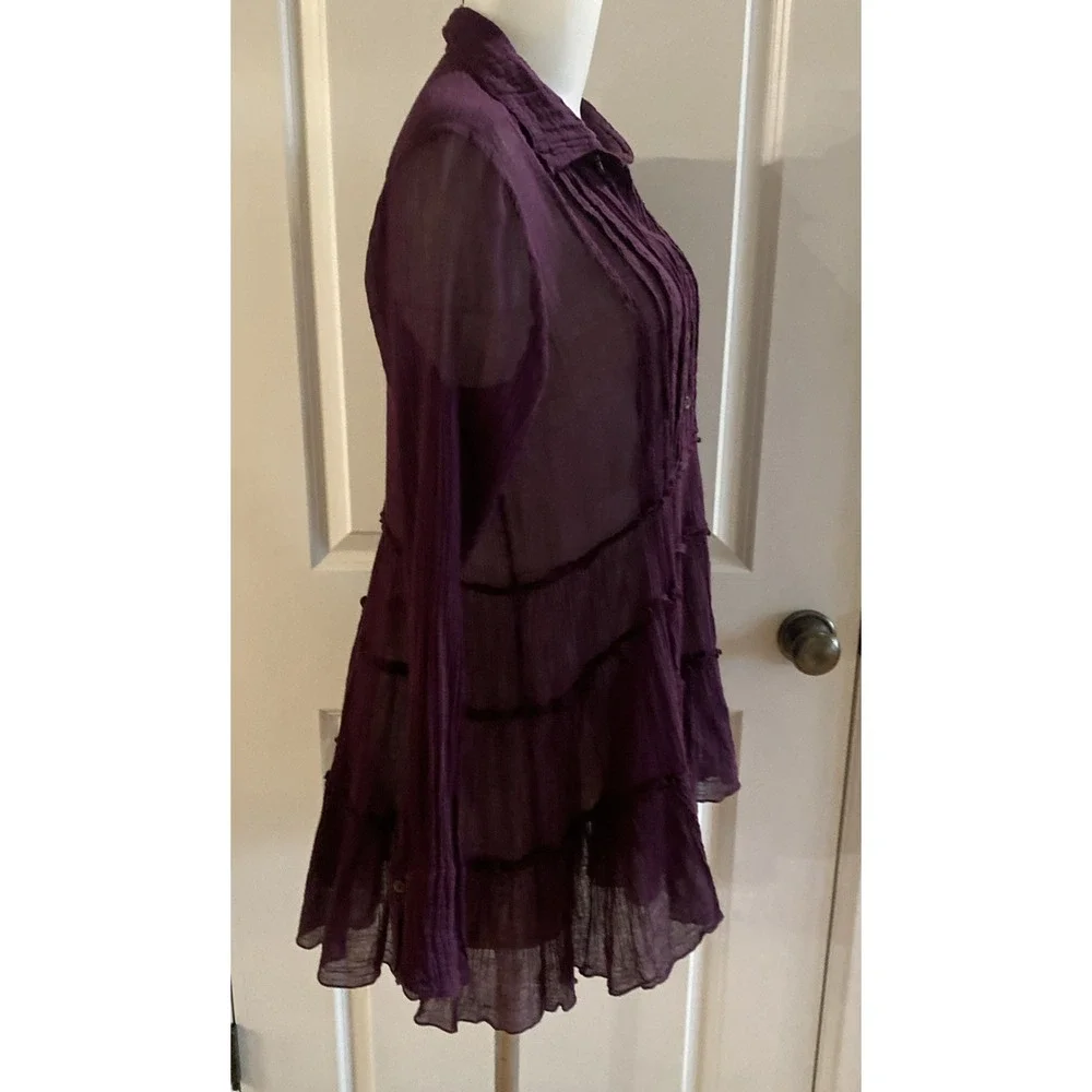 FREE PEOPLE Purple Guaze Tiered Long Sleeve Mini Dress Button Size Small‎